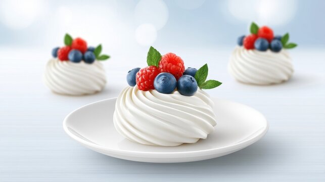 Mini lemon pavlovas with berries and mint, elegant dessert photography, airy pastel background, fine texture
