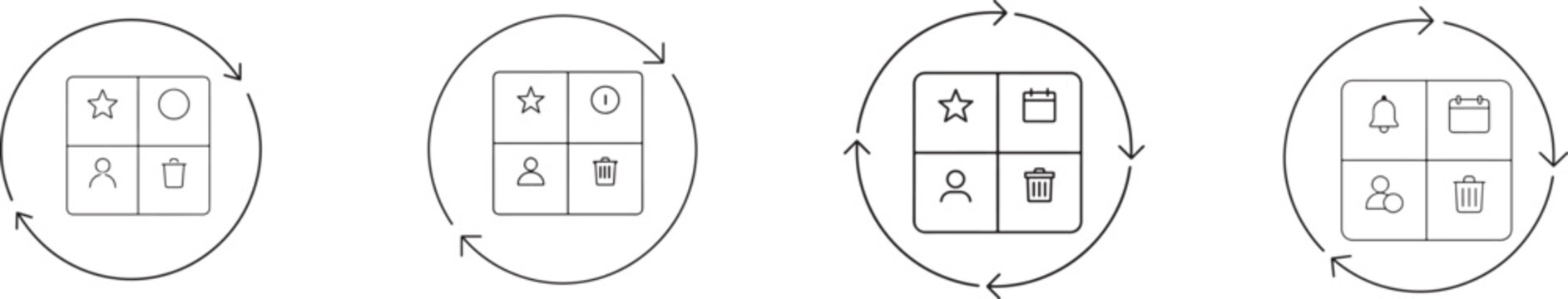 Black and white priority matrix icon set in multiple styles for a business planning, task, workflow.