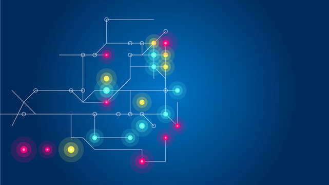 Abstract digital network with glowing nodes and connecting lines on a dark blue backdrop