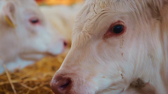Portrait of a young white calf lying on straw bedding inside a barn, capturing gentle expression, textures of fur and hay, and the quiet atmosphere of rural farm life. 4K.
