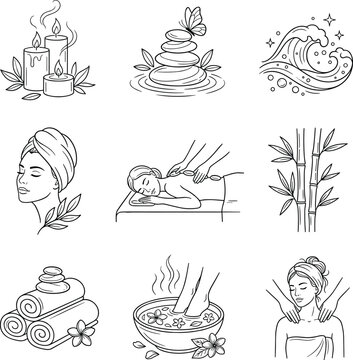 Spa and Wellness Line Icons Set with Aroma Candles Hot Stones Massage Foot Bath Towels and Bamboo Vector IllustrationSpa and Wellness Line Icons Set with Aroma Candles Hot Stones Massage Foot Bath Tow