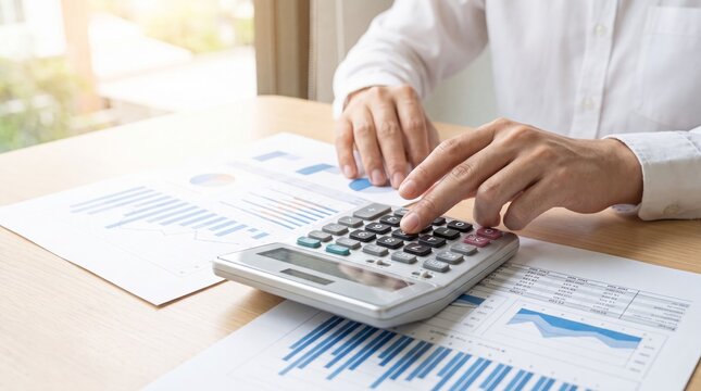 Businessman using calculator over financial chart and report on office desk. Business accounting, budget calculation and audit analysis. Investment and finance management concept