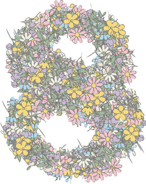 Digit eight formed by delicate pastel wildflowers and green foliage