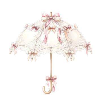 Vintage watercolor lace bridal parasol with pink bow accents, elegant Victorian umbrella clipart