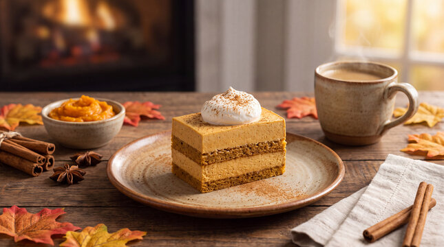 Autumn Delight: A slice of pumpkin spice cake, artfully layered and topped with whipped cream, sits invitingly beside a steaming mug of coffee.