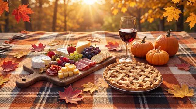 Autumn Feast: A delightful spread of autumn delights, featuring a charcuterie board brimming with cheese, fruit, and meats, a freshly baked apple pie, and pumpkins.
