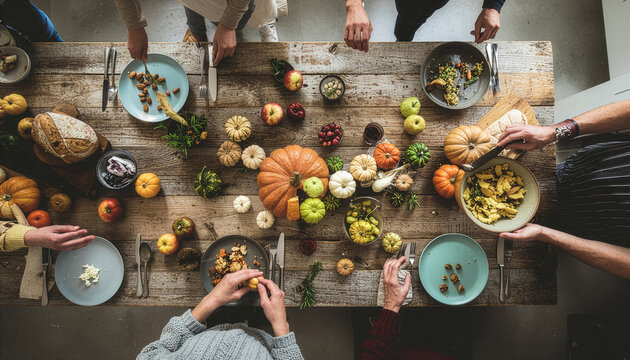 Family and friends gathered around a long rustic wooden table sharing a festive autumn dinner party with flat lay
