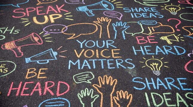 Colorful chalk drawing on asphalt with text your voice matters, speak up, be heard and share ideas. Communication, activism and freedom of speech concept for empowerment and education