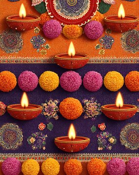 Marigold garland with diya lamps Diwali festival pattern