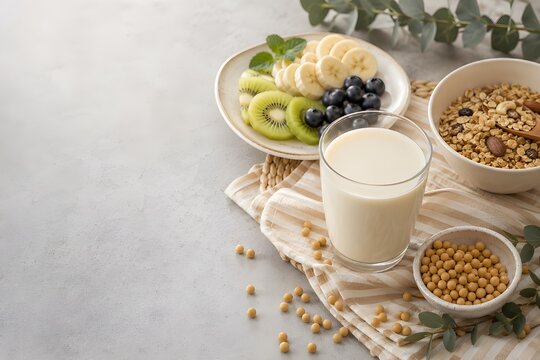 Soy Milk with Fresh Fruit, Granola and Soybeans on Minimalist Background