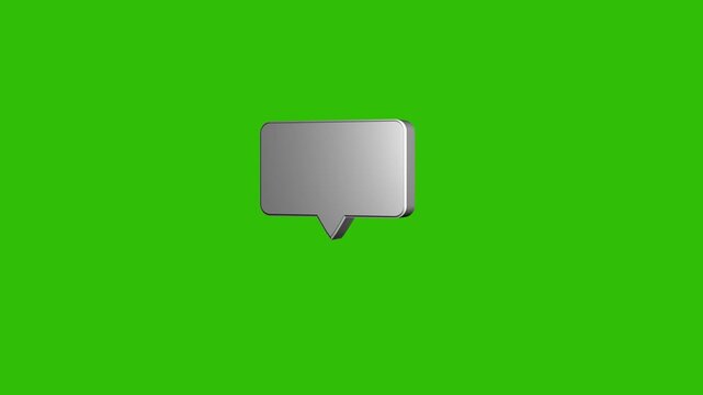 3D silver metallic speech bubble icon floating on green screen chroma key background.