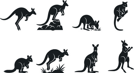 Obraz premium Australian Kangaroo and Wallaby Silhouette Collection with Wildlife Animal and Nature Symbols for Graphic Design Projects