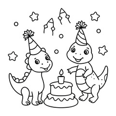 Fototapeta premium Two cute dinosaurs wearing party hats celebrating with a birthday cake and stars coloring page line