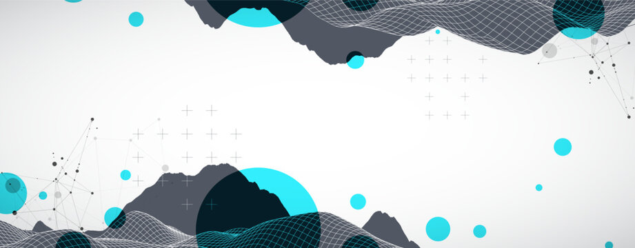 Abstract digital landscape with wireframe terrain, geometric circles, and plexus art. Vector