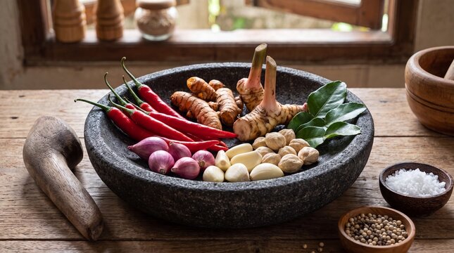 Fresh Southeast Asian spices in stone mortar on wooden table. Traditional ingredient for authentic Asian cuisine. Organic seasoning and aromatic cooking concept.