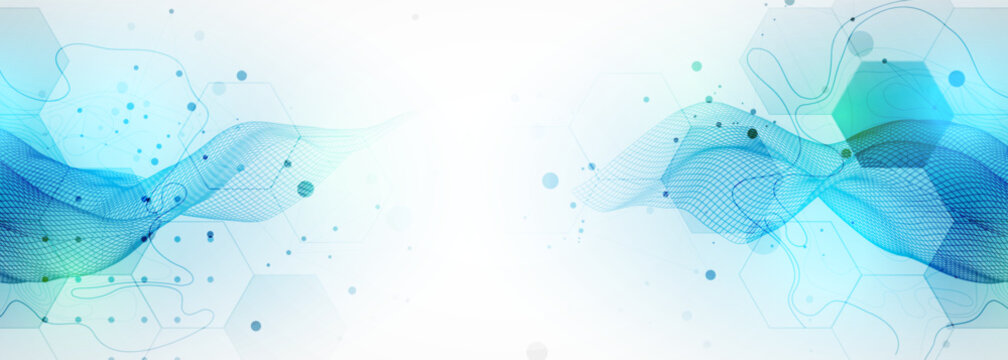 Abstract technology background with blue wireframe wave and  hexagons. Vector