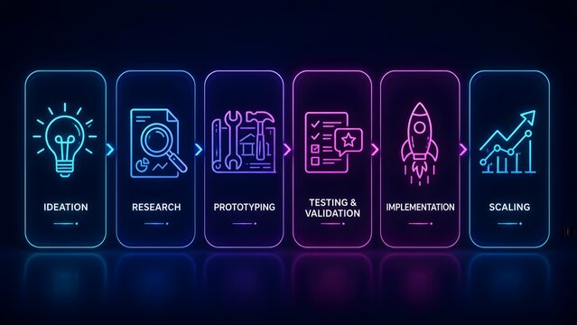 Neon Product Development Process Stages From Ideation To Scaling Infographic