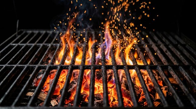 Glowing charcoal embers burning bright with vibrant orange flames underneath a heavy black metal barbecue grill