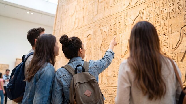 Group of tourist looking at ancient Egyptian hieroglyph on museum wall. Woman pointing at stone carving with pharaoh symbol. History education and cultural heritage concept for guided tour