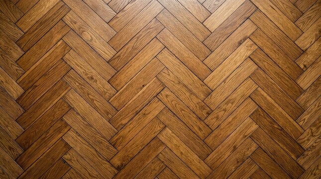 Close-up of luxury herringbone wooden parquet flooring with warm natural grain texture and sunlight reflection
