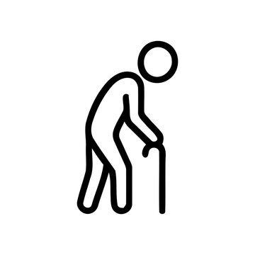 Elderly person with walking cane black line icon on white background