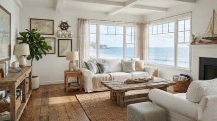 Fototapeta premium Coastal living room with ocean view and nautical decor elements