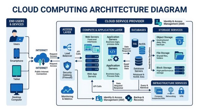 Cloud computing architecture diagram with end user devices load balancer firewall web and application servers databases object storage and IAM security