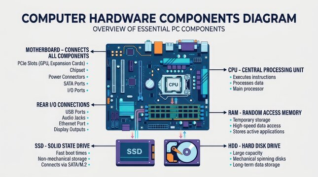 Computer hardware components diagram labeling motherboard CPU RAM memory SSD hard disk drive PCIe slots and rear input output ports for PC building guides