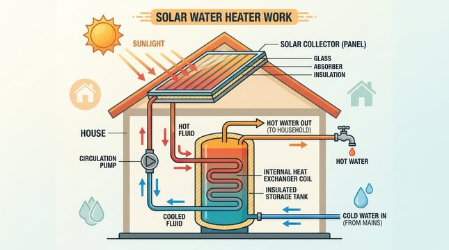 Solar water heater diagram showing a rooftop collector panel circulation pump internal heat exchanger coil and insulated storage tank supplying hot water