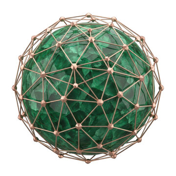Green crystal gemstone sphere with geometric metallic cage