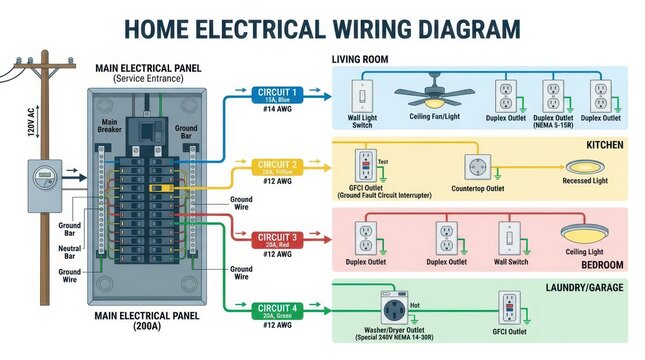 Home electrical wiring diagram with main breaker panel service entrance circuits outlets GFCI switches and lighting for living room kitchen bedroom laundry