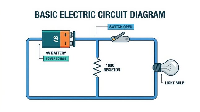 Basic electric circuit diagram with 9V battery power source open switch resistor and light bulb for physics lessons and electronics learning materials