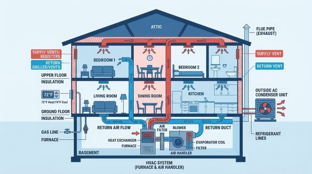 HVAC system diagram of a house showing furnace air handler ductwork supply and return vents thermostat outdoor AC condenser unit and airflow through rooms