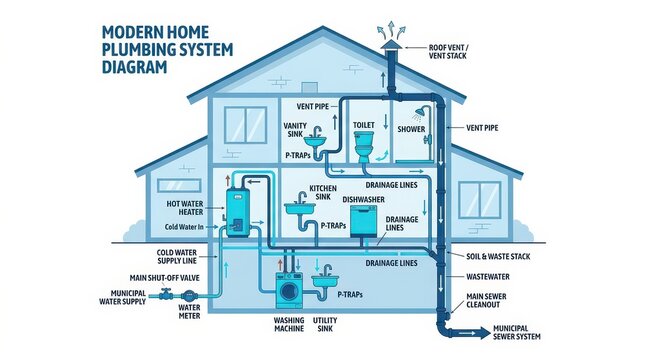 House plumbing system diagram with cold and hot water supply lines drainage pipes vent stack water heater P traps and connection to the main sewer system