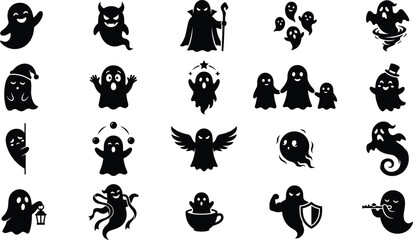 Obraz premium Halloween Cute and Scary Ghost Silhouette Icon Collection with Spooky Characters for Commercial Graphic Design