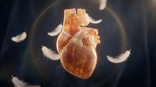 World heart day anatomical human heart made of gold floating surrounded by delicate white feathers against a dark background