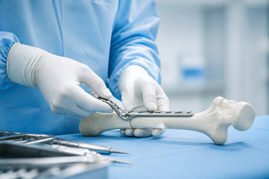 Orthopedic surgeon positioning fixation plate on bone model