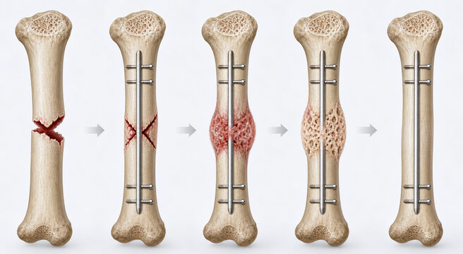 Bone fracture healing sequence with surgical fixation