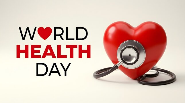 World heart day world health day text banner with 3d red heart and stethoscope on light background