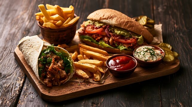 Awesome photo of delicious shawarma wrap and burger with fries on wooden board.