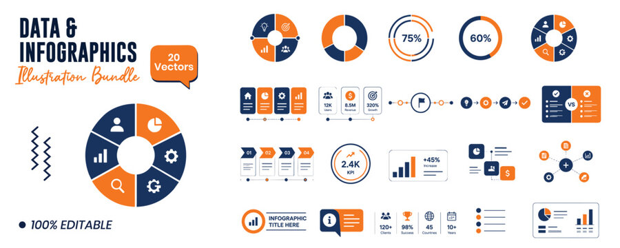 Data and infographic elements for business presentations and reports with editable vector illustrations