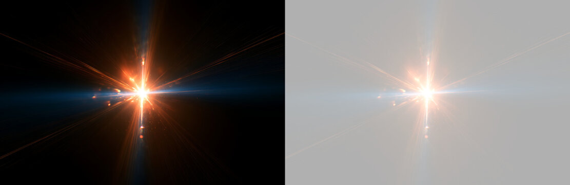 Intense optical lens flare with vibrant orange cross rays and blue beam. Radiant starlight visual effect on transparent background