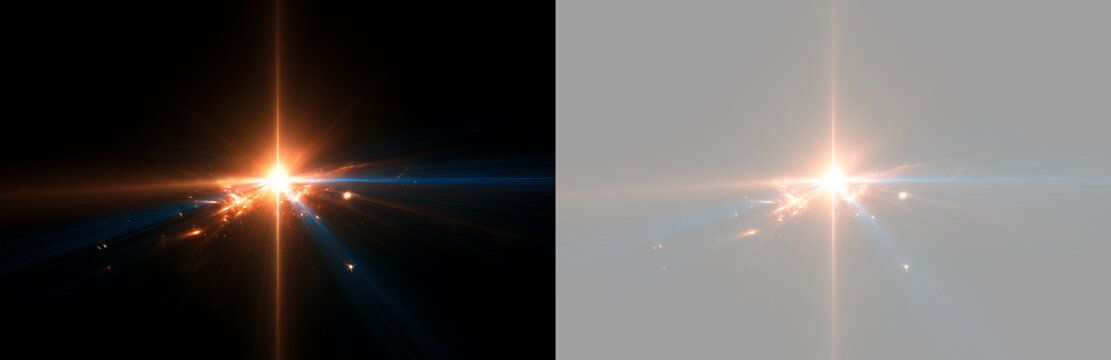 Bright optical lens flare with glowing orange cross starburst and blue light streak. Special effect overlay isolated on transparent background
