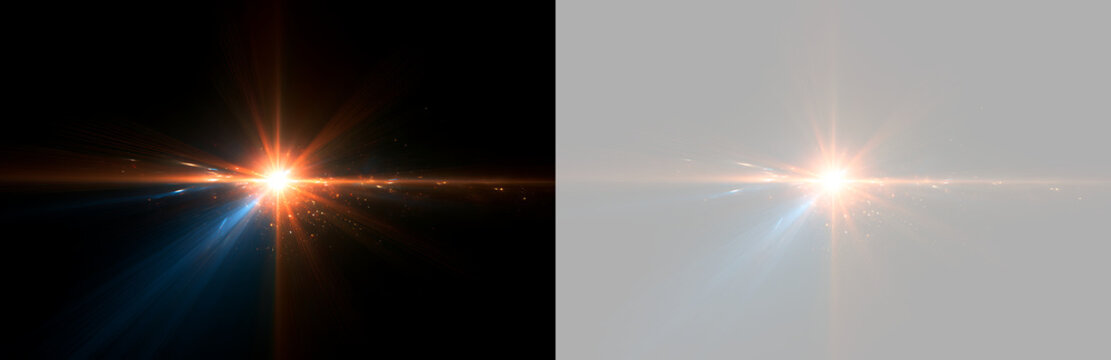 Horizontal anamorphic lens flare with orange starburst and glowing particles. Sci fi light beam effect isolated on transparent background