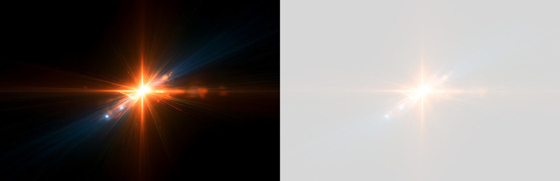 Dynamic anamorphic lens flare with warm orange burst and cool blue streak. Glowing optical VFX overlay on transparent background