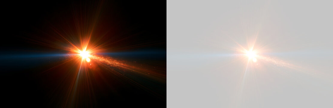 Fiery optical starburst flare with sparkling light trail and particles. Glowing cinematic visual effect overlay