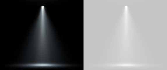 Slender vertical spotlight shining down on floor. Illumination effect overlay on transparent and black background. Minimalist stage light beam © Iryna