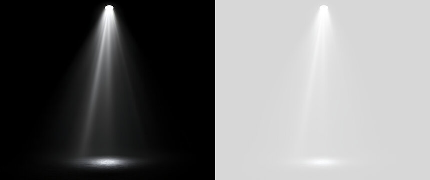 Narrow spotlight beam casting bright illumination on floor. Concentrated theater projector light on black and transparent background