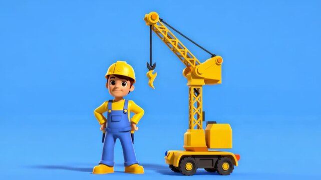 Construction worker operating a yellow mobile crane with cinematic motion in a studio setting
