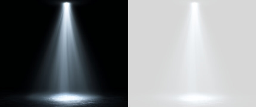 Overhead spotlight illuminating wet glossy floor surface. Strong luminous light cone effect isolated on transparent background